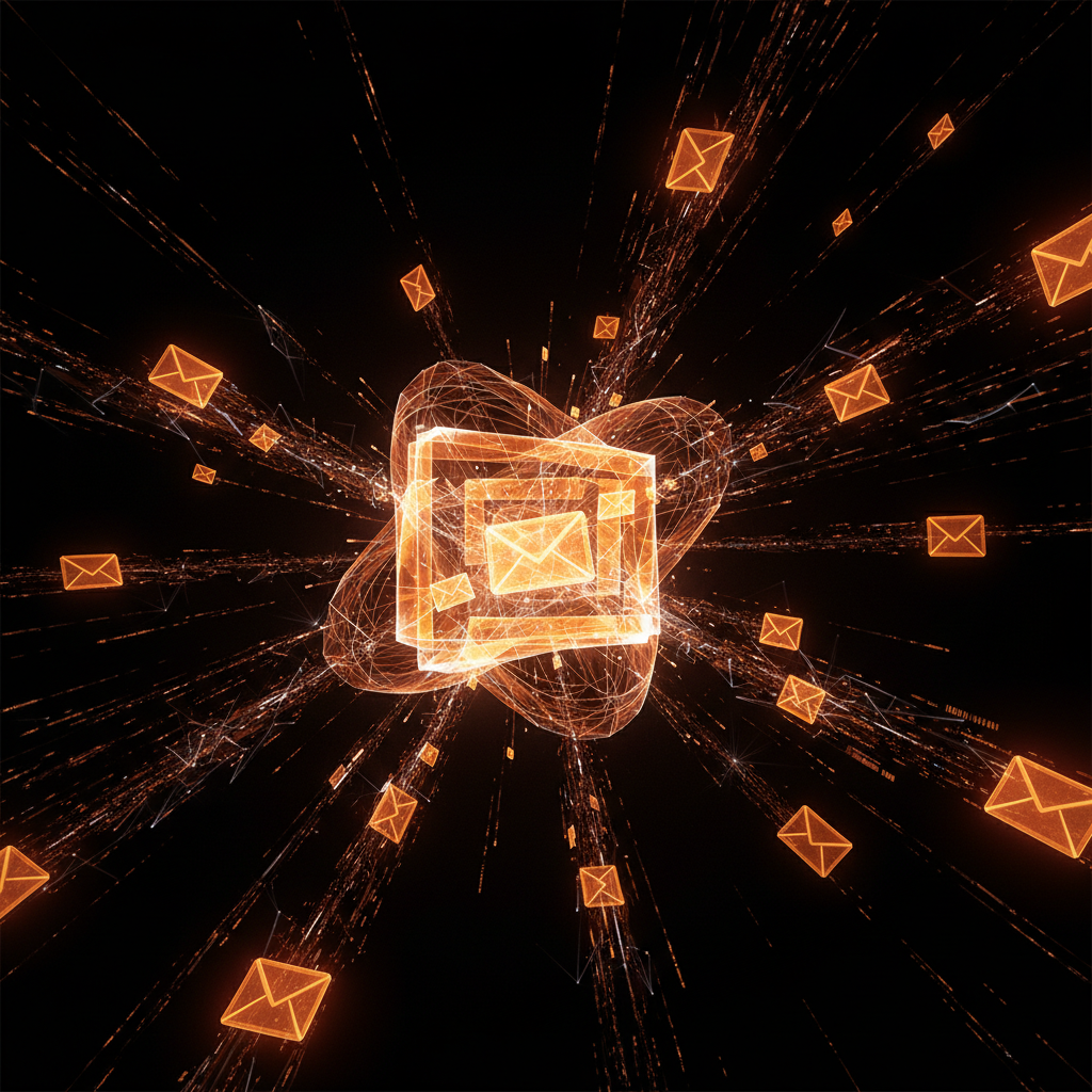 Futuristic email traffic — holographic envelopes streaming through data corridors