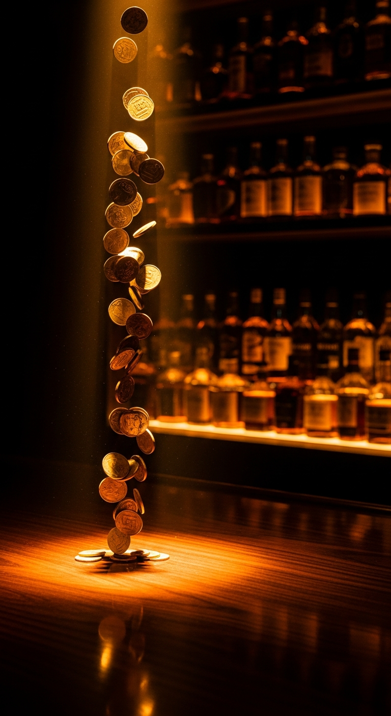 Coin cascade through a warm light beam onto a walnut bar counter, chiaroscuro back-bar — publisher payouts