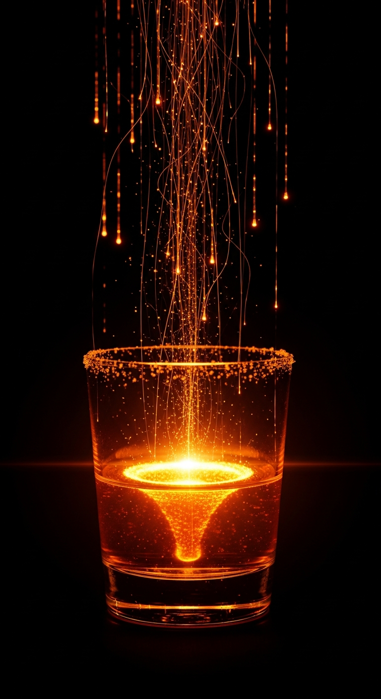 An amber whisky tumbler with glowing data streams pouring in